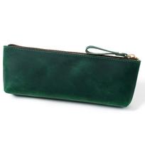 Vintage Top Grade Cowhide Pencil Case Durable Custom Leather Stationery Bag Organizer College Handmade Fountain Pen Storage Box žalia