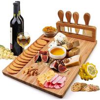 Bamboo Cheese Board Set With Knife Holder 4-Piece Stainless Steel Knives Home Kitchen Serving Platter Square beige