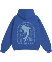 Fashion Whale Shark Hoodies Christianity ISAIAH 43:2 Streetwear Fall Long Sleeve Fleece Loose Hooded Pullover Men Women Clothing S mėlyna