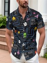 Men'S Neon Arcade Graphic Short Sleeve Button- Shirt, Black Casual Summer Top for Party, Vacation, And Streetwear XXXXL įvairiaspalvis
