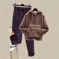 Women's Embroidered Sweater & Wool Wide-Leg Pants Two-Piece Suit - Imitation Lambskin, Autumn/Winter Collection XXL brown