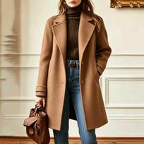 Women's Retro Casual Mid-Length Wool Coat with Lapel Collar for Winter Everyday Wear S black