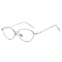 Cat-eye metal eyeglass frame, oval small frame non-prescription glasses Silver Frame white