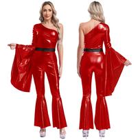 Blizgus metalinis funky kombinezonas moterims S-3XL: Vieną petį dengiantis, vienos rankovės, platėjantis, varpelio formos, 70-ųjų stiliaus šokių drabužis S raudona
