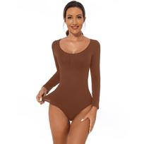 Women's Long Sleeve Body Shaper Control Thong Bodysuit Sculpting Shaping Strong Shaping Breathable Materials M brown