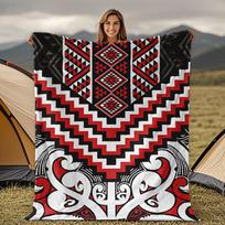 Maori Koru Pattern Throw, Red Tribal Art Flannel Blanket, Soft All Season for Sofa Travel, Indigenous Style Home Decor 130x150cm