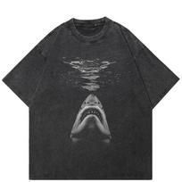 Streetwear Killer Shark Graphic Washed Black T-Shirt Cotton Unisex Tops Tees Summer Short Sleeves T Shirt 2XL įvairiaspalvis