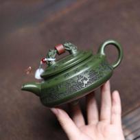 Handcrafted Yixing Zisha Teapot Made From Raw Green Clay: “Two Dragons Vying for A Pearl” Teapot gray