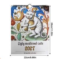 12 Month 2027 Medieval Funny Cat Wall Calendar Unique Weird Cat Art Design Indoor Hanging Decoration Present for Cat Lovers gray