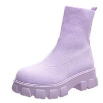 Spring Autumn Women Breathable Heels Botas Slip On Ankle Boots Elastic Platform Elegant Shoes Casual Daily Wear Round Toe Non Slip Chunky Heel 43 šviesiai violetinė spalva
