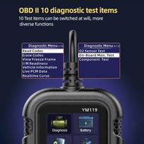 OBD II skaitytuvas, automobilio variklio gedimų kodų skaitytuvas, akumuliatoriaus testeris, CAN diagnostikos įrankis 12V benzininiams transporto priemonėms, juodas juoda
