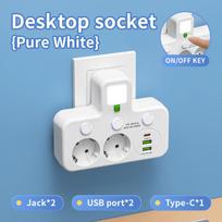 ES sieninis kištukinis adapteris 1 į kelias rozetes – su USB ir Type-C prievadais, be laido, maks. 2500W 【A】Jack*2+USB*2+Type-c*1 balta