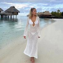 Moteriški apdangalai Vasarinė paplūdimio suknelė Vienspalvė Sexy Knit Beach Bikini maudymosi kostiumėlis Cover Up Apranga nuo saulės L balta