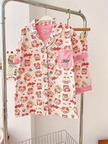 Japanese princess style full of printed stars Kirby pajamas women's summer short-sleeved shorts cardigan two-piece girl loungewear L beige
