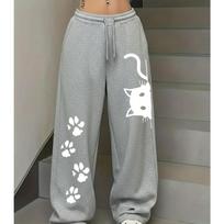 Cat Paw Print Pattern Element Print Casual Sports Pants American Casual Trend Women's Straight Leg Pants 3XL gray