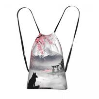 Sakura Mount Fuji And Cat Backpacks Fashion Drawstring Bundle Pocket Sports Bag Book Bags for Travel Students One Size gray