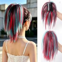 12 Inch Colored Highlight Ponytail Wig Synthetic Spiky Straight Hairpiece  Cosplay black