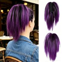 12 Inch Colored Highlight Ponytail Wig Synthetic Spiky Straight Hairpiece  Cosplay violetinė