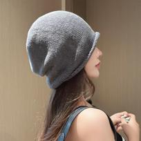 Korean Style Solid Color Knit Beanie For Women Autumn Winter Warm Slouch Hat Big Head Circumference One Size pilka