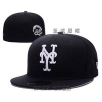 Unisex NY Mets Baseball Cap With Embroidered Full Flat Brim Non-Adjustable Cotton-Polyester Blend Hat Casual 7 5/8 60.6cm black