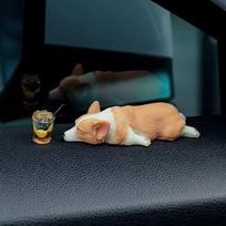 Mini Resin Corgi and Drink Cute Car Accessories Sleeping Corgi Car Dashboard Decoration with Iced Tea Fun Dog Rearview Mirror Hanger Home and Offi beige