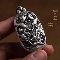 Hollow Pixiu Silver-Plated Pendant Necklace with Hand-Woven Rope Keychain: Attracts Wealth with Vintage Copper Coins black