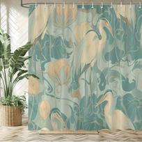 Gandro ir lotoso dušo užuolaida – Art Nouveau spaudinys su švelniu turkio spalvos fonu, 3 stilizuoti paukščiai ir gėlių motyvai, 12 kabliukų W90H180(CM)-1 Pcs gray
