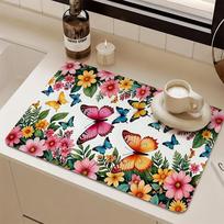 1Pcs Rubber Drying Mat With Butterfly Floral For Coffee Shop Restaurant Kitchen Carpet Tableware Durable Diatom Mud Table Mat 30*40cm white