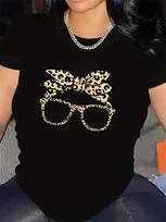 Unisexs ONeck Casual Tee Black Leopard Print Bow Glasses Graphic Short Sleeve Streetwear Top 4XL beige