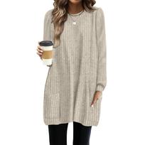 Fashion Women Knit Long T-shirts Women Loose Fit Long Sleeve Pockets Pullover Sweater Casual Autumn Winter Solid Color Chunky Knit Top M abrikosas
