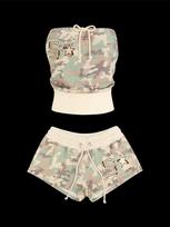 American millennial style summer tube top with strap-on camouflage contrasting navel top three-point pants set Spice Girl YK new S rožinė