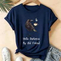 Women Hello Darkness My Old Friend Crow Coffee Graphic T Shirt Vintage Tee Gothic Raven Print Short Sleeve Casual Streetwear Top 3XL black
