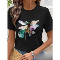 European Size Women's Casual Dragonfly Watercolor Print T-Shirt - Breathable Summer Short Sleeve Round Neck Top, 4XL juoda