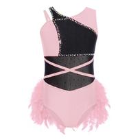 Girls Latin Dance Rhinestone Feather Asymmetrical Sleeveless Press Button Crotch Mesh Bodysuit 15-16 Years
