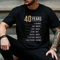 Gold Glitter 40 Years Time Countdown Graphic T Shirt Unisex 40th Birthday Party Gift Casual Short Sleeve Street Tee S black