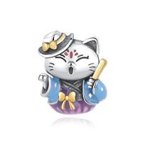 Original 925 Silver Charms Maneki Neko Lucky Fortune Cat Beads Pave CZ Fit Bracelets Necklaces Women Jewelry white