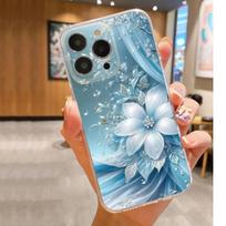 Blue Crystal Flower Anti-Drop Transparent Case for iPhone 14/15/16/17 Pro Max Series Xiaomi 14T skaidri