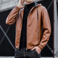 Vyriškas odinis striukė PU odos striukė vyriškas su gobtuvu Slim Fit Korėjietiško stiliaus Motociklininko kasdienė striukė 4XL brown