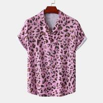 Madingi leopardiniai vyriški marškiniai trumpomis rankovėmis Oversize laisvo kirpimo stilingi marškiniai vyrams atlapai madingi kasdieniai su sagomis vyriški drabužiai L pink