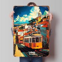 Lisbon Portugal Vintage Travel Printed Poster Customized Retro Wall Art Vintage Metal Tin Signs for Home House Gaming Decoration 30x40cm(11.8x15.7inch) blue