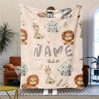 Personalizuotas kūdikio gyvūnų pledas Mielas liūto, dramblio, žirafos raštas Individualus vardas Minkštas vilnos pledas Dovana mažiems vaikams ir vaikams 100x125cm (40x50inch) gray