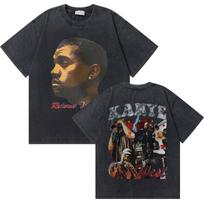 Rapper Kanye West Graphic Washed Vintage T-shirts Cover Print Tshirt Men Hip Hop Fashion 3XL brown