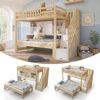 Kids Bunk Bed 90x200 + 90x190 - Wood High Bed with Pull-Out Bed, Movable Desk, Stair Cabinet & Shelf, EN 747-1:2024, White & Oak (without Mattress) 254 x 97 x 165 cm
