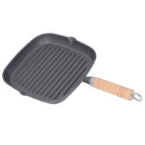 Grill Pan Multipurpose Prevents Stick Quadrate Cast Iron Steak Pan with Wooden Handle for Bacon Steak Onion gray