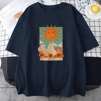 Taro kortų menas The Sun Unisex medvilniniai marškinėliai High Street Vintažiniai drabužiai Kvėpuojantys laisvalaikio iškirptės trumpomis rankovėmis unisex medvilniniai viršutiniai drabužiai XL beige
