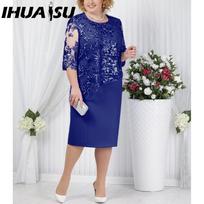 IHUASU S-5XL iki kelių ilgio proginė suknelė su nėriniuota viršutine dalimi ir aplikacija apačioje XXXXXL tamsiai mėlyna spalva