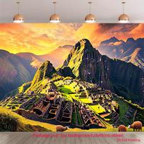 2D Ancient Machu Picchu Inca Citadel Backdrop Golden Sunset Mountain Photography Background for Events 59x51.1inch/150*130cm yellow