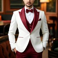 Slim Fit Oficialūs vyriški kostiumai Vestuviniai smokingai Prom'ui 3 dalių Jaunikio švarkas, liemenė, kelnės Rinkinys Klasikinis verslo vakarėlio švarkas Apranga XL balta/bordinė