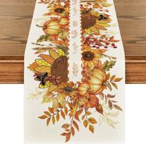 Rudens Padėkos dienos moliūgai Klevo lapas Lino staltiesė Rudens derlius Kalakutas Saulėgrąža Virtuvės valgomojo stalo takeliai Namų dekoras 150x33cm brown