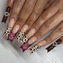 24Pcs Pink Leopard French Polka Dot Press On Nails Square Fake Nails With 3D Flowers And Diamonds Y2k